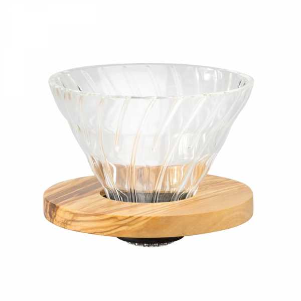 Воронка стеклянная для приготовления кофе Hario Olive Wood, V60-02, с деревянной подставкой